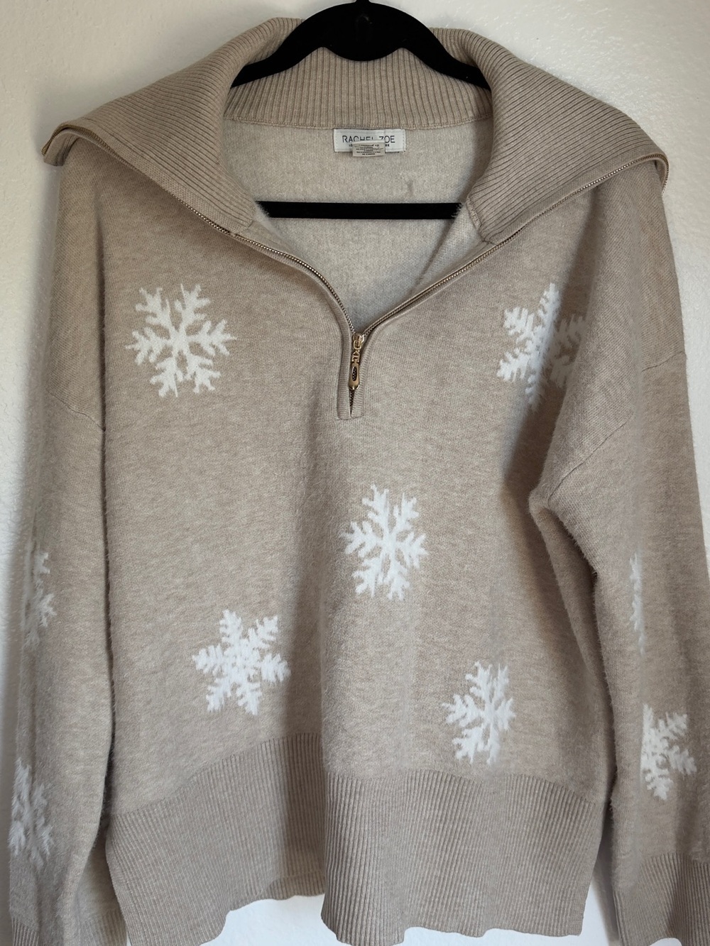 Rachel Zoe Taupe and White Snowflake Half-Zip Turtleneck Sweater